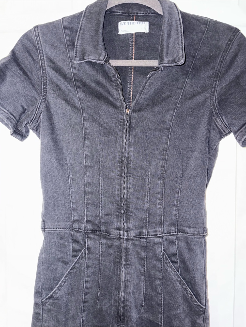 We The Free Faded Black Short Sleeve Zip-Front Denim Jumpsuit Wide Leg